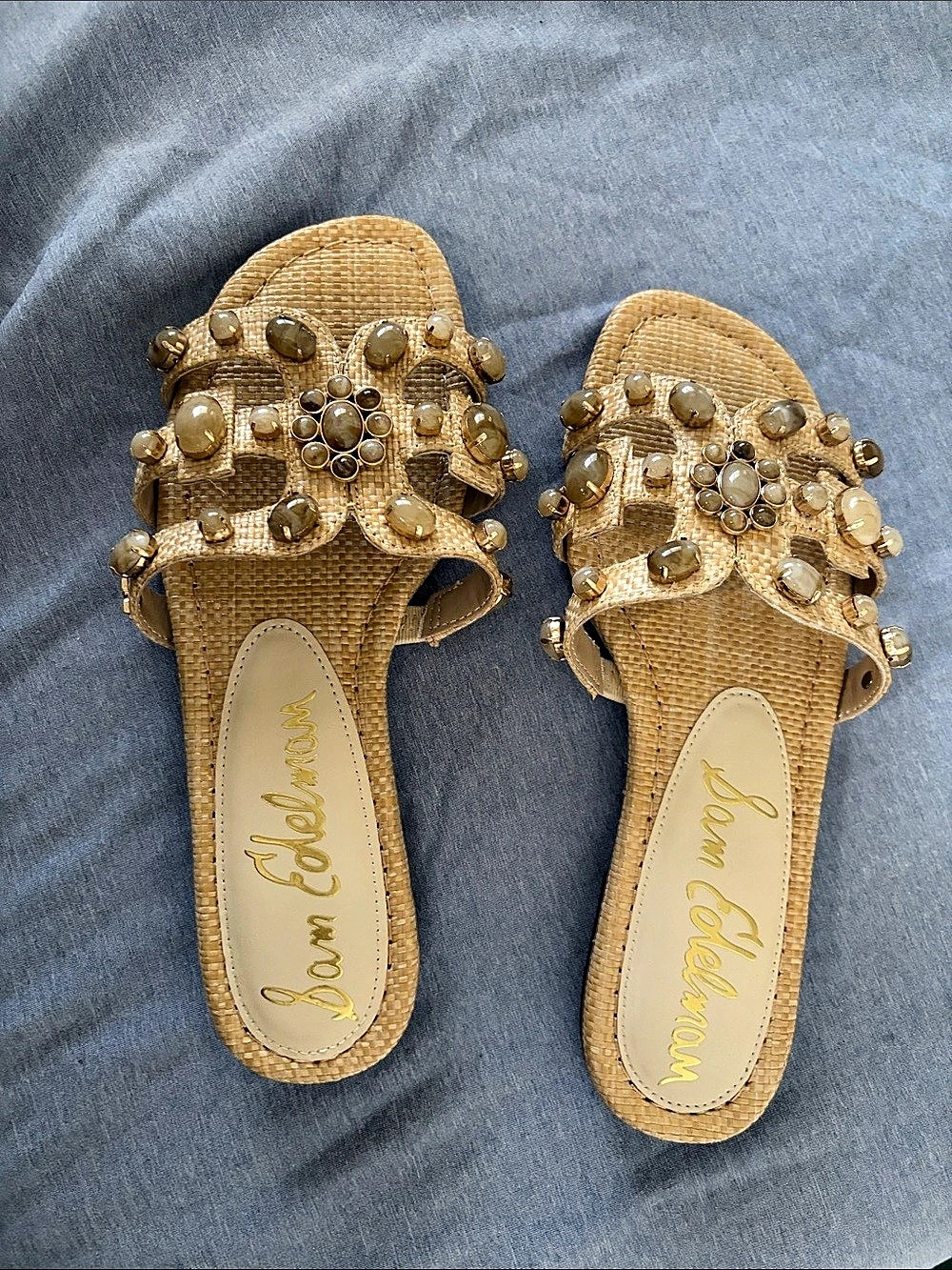Sam Edelman Bay Stone Slide Sandal Embellished Flat Slides in Tan & Brown